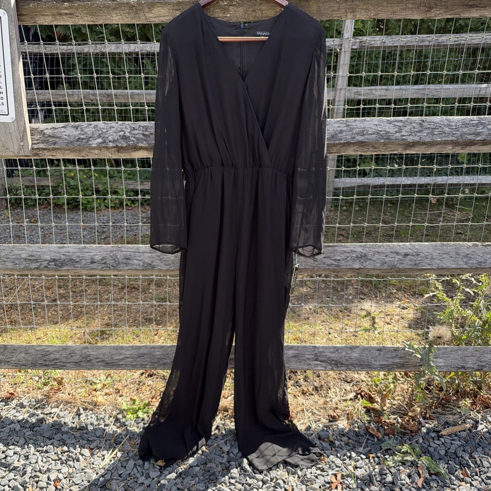 Tahari Black One Piece Crossover Jumpsuit Full Leg M Sheer Long Sleeve NWT